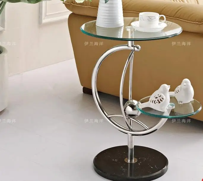 Free shipping Toughened glass double side table sofa. Small round a few shelf individuality