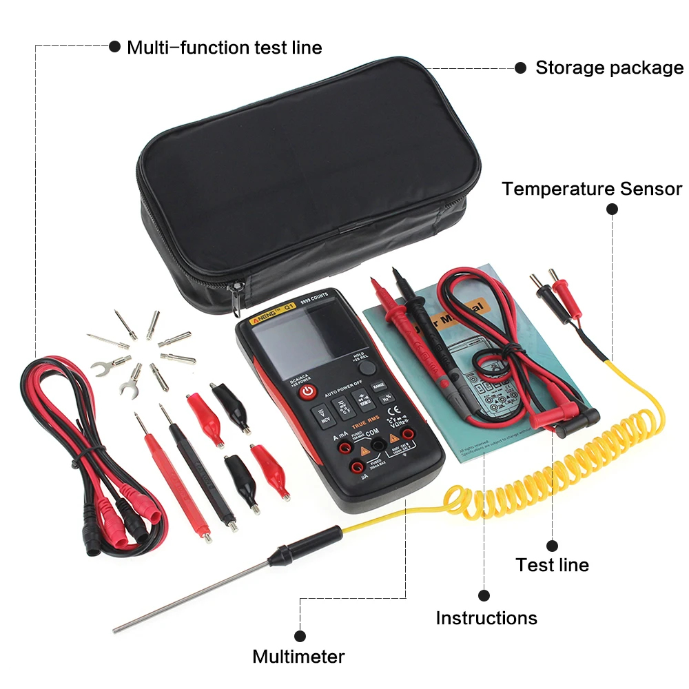 Q1 True-RMS Digital Multimeter Auto Button 9999 Counts With Analog Bar Graph AC/DC Voltage Ammeter Current Ohm Transistor Tester