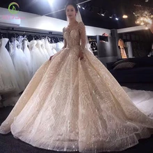SSYFashion New Wedding Dress Luxury Long Sleeve Court Train Sequins Beading Light Champagne Wedding Ball Gowns Vestido De Novia