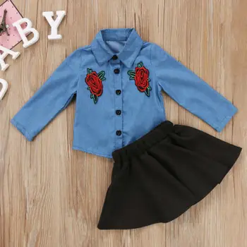 

US Stock Kids Baby Girls Outfit Clothes Denim T-shirt Tops+Tutu Skirt Dress Set