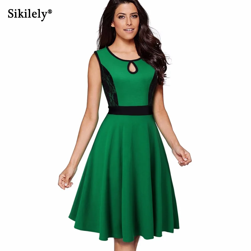 Fashion Korean Dress A Line O Neck Summer Women Clothing Green Dress