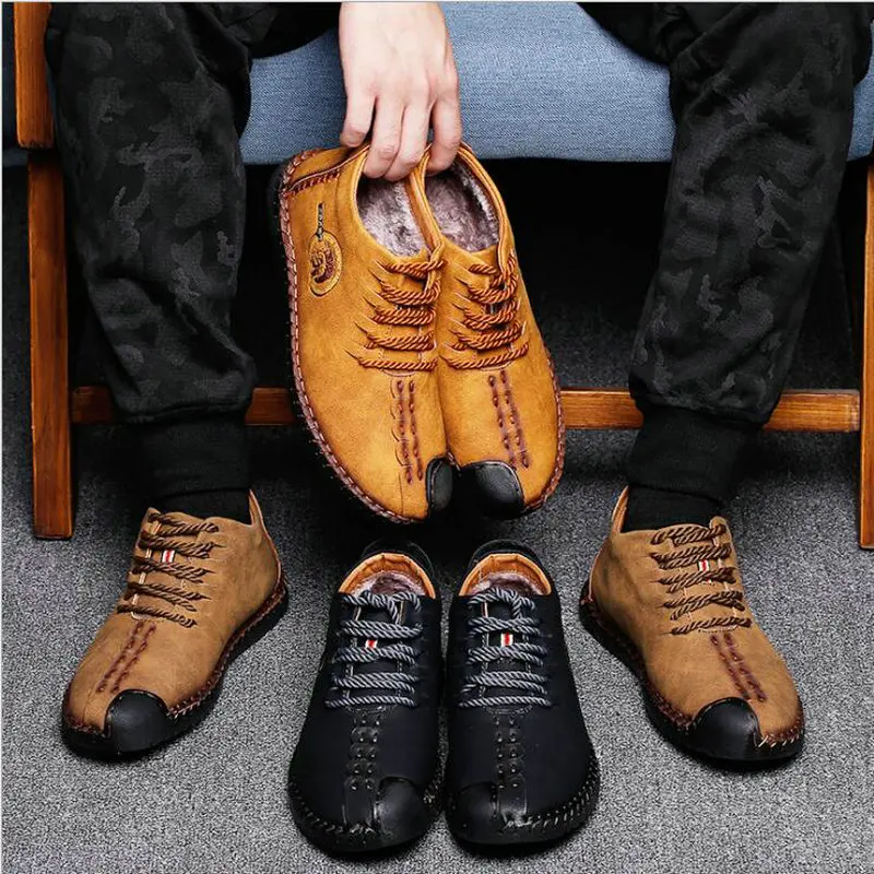 

Brand Mens Loafers Fashion winter warm with fur Handmade Moccasins Cow Leather Men Flats Men Casual Flats Shoes big size LH-39