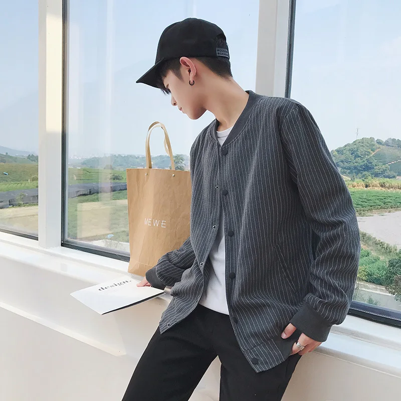 

Fashion Casual Men's Jacket Spring And Autumn New M-3XL Stripes Loose Shirt Jacket Black Gray Personality Youth Popular