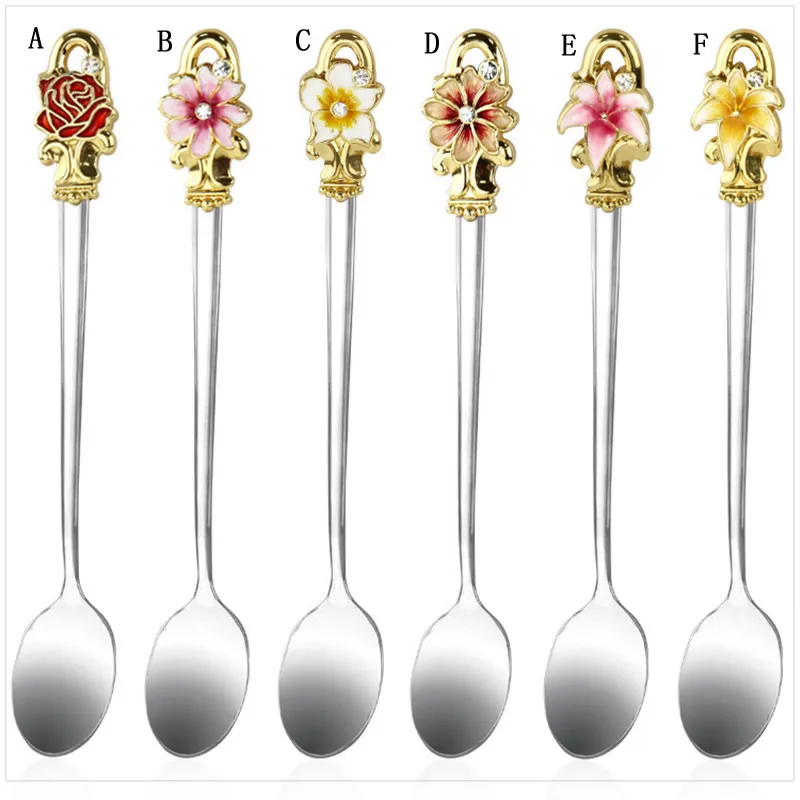 3d Flower Golden Handle Coffee Spoon Mixing Spoon Long Sculpturing