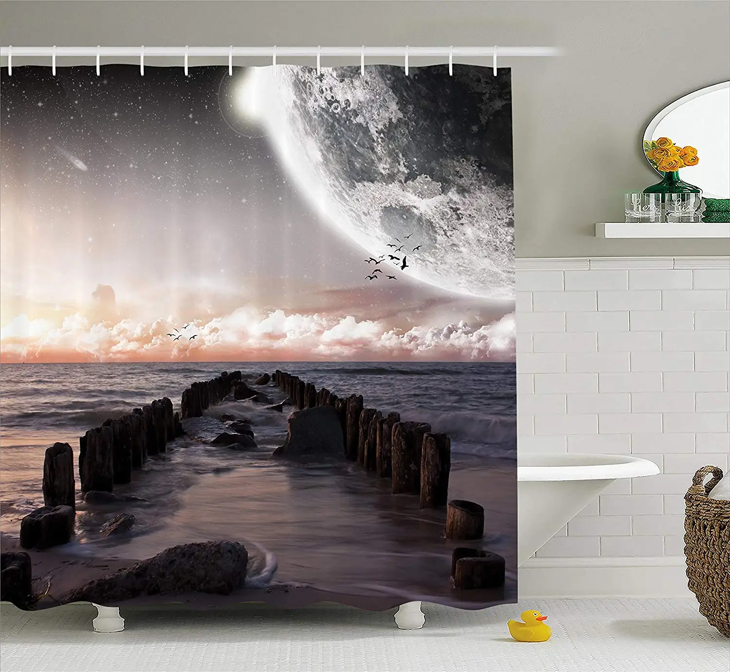 Moon Fantasy Planet Beach With Old Pier With Sea Waves Fiction Eclipse Sky Landscape Bathroom Decor Set Coral Grey Shower Curtains Aliexpress