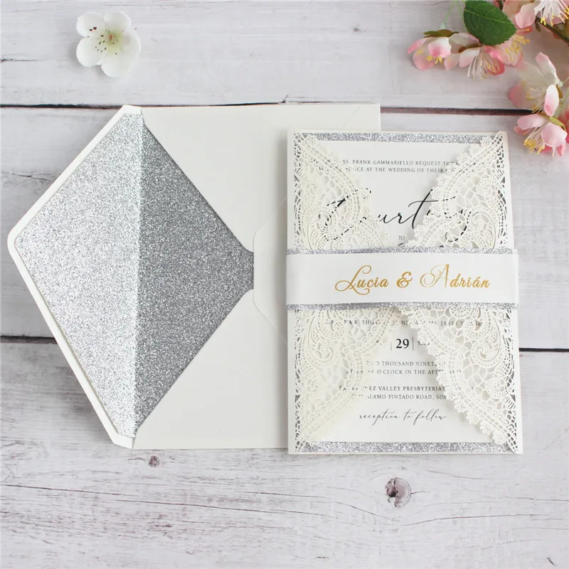 

Ivory wedding invitations custom glitter lining insert card printing envelop belly band invitation stationary multi colors