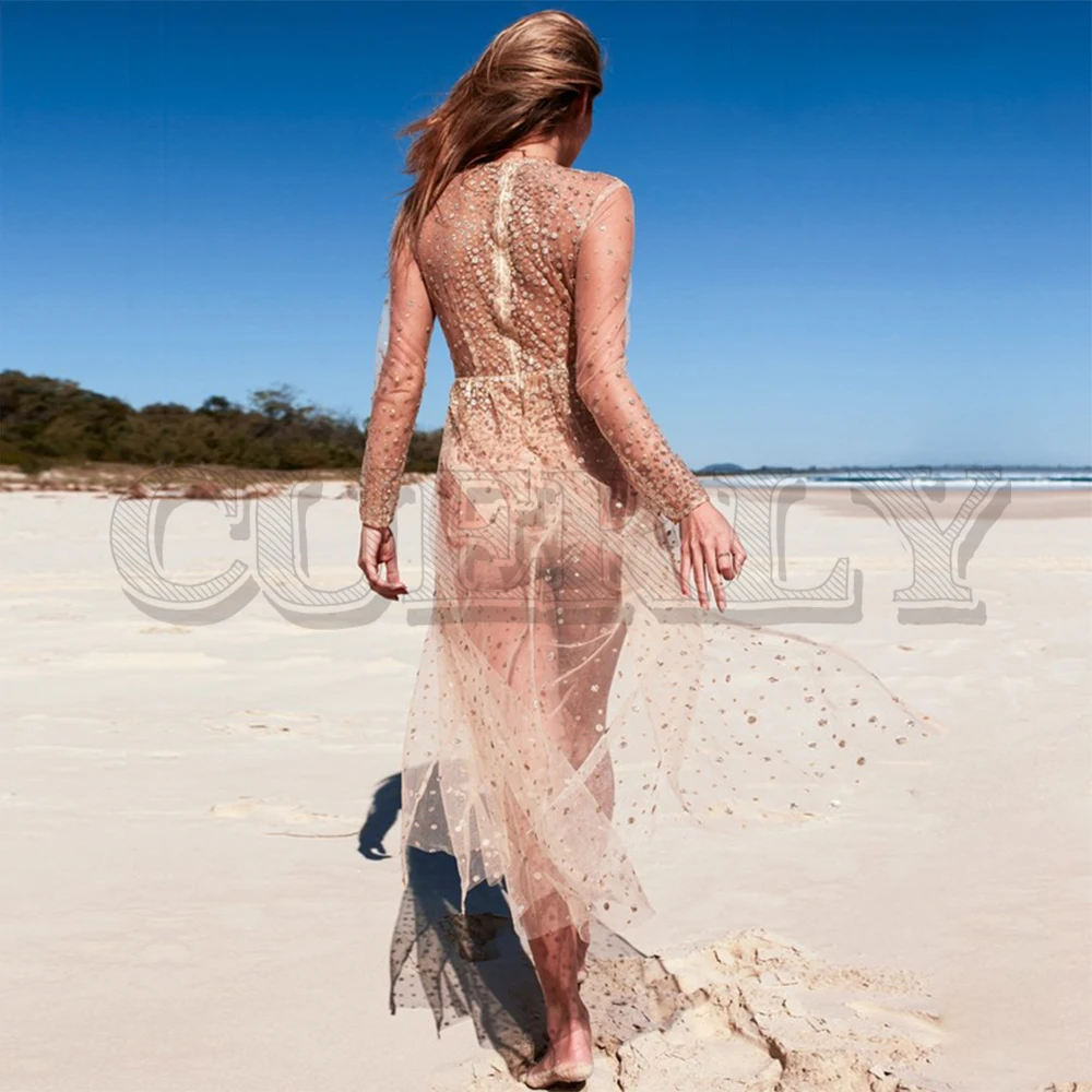 

CUERLY V neck ladies maxi dress women Sexy transparent mesh christmas party dresses vestidos High side split sequins long dress