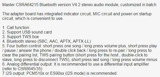 CSRA64215 4,0 4,2 низкая мощность Bluetooth аудио модуль APTX LL без потерь сжатия TWS ies