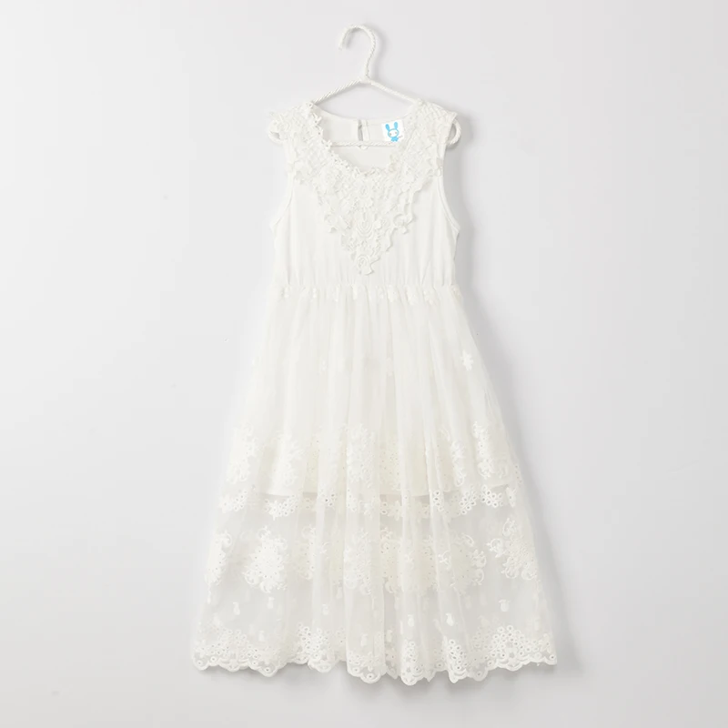 Retail 3T to 12 years kids teenager girls solid white black sleeveless lace princess party dresses