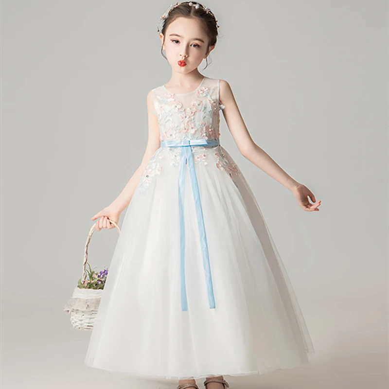 

White Long Lace Applique Wedding Princess Dress for Girls Performance Children Host Elegant Party Kids Dress Costume WG2995