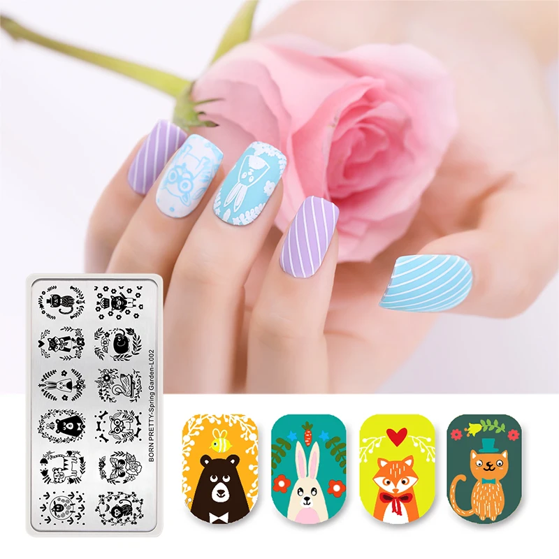 

BORN PRETTY Stamping Template Rectangle Square Animal Flower Leaf Butterfly Deer Owl Arrow Nail Art Image Plate Spring Garden