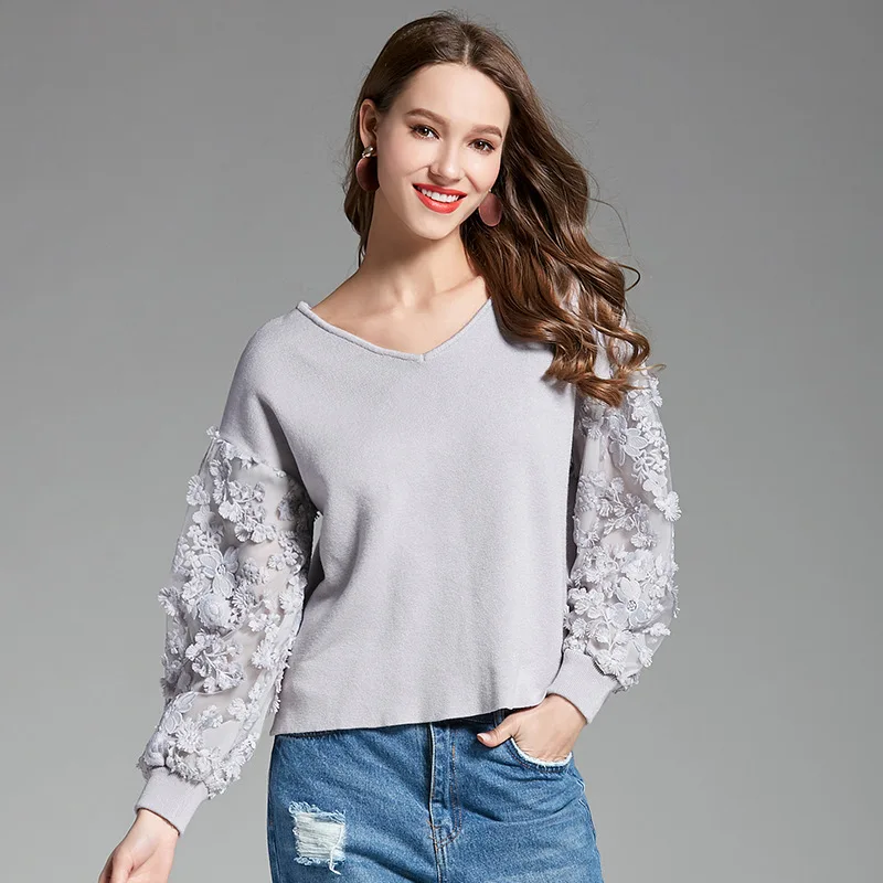 Spring Girl Knitted V Neck Patchwork Chiffon Floral Puff Sleeve Elastic Cute Sweet Pullover Solid Color Women Short Sweater