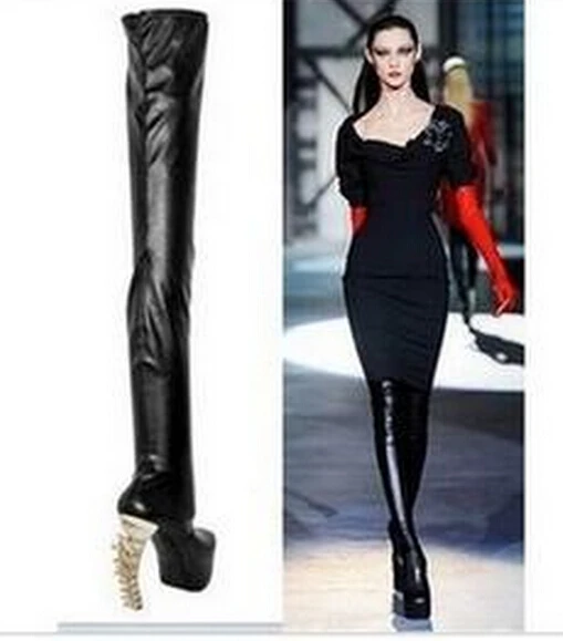 Seltsam Sexy Dicken Heels Runde Stil Schwarzes Stiefel Lange knie Frau High Schuhe Damen Plattform Over Fischgräte Sestito the Mädchen Kappe wF57qxEA