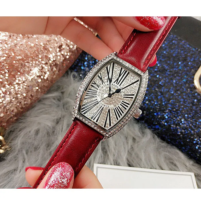 Женские часы кожаные кварцевые женские часы браслет известной марки хрустальные женские часы женские наручные часы Montre Femme Reloj Mujer - Цвет: Dark red