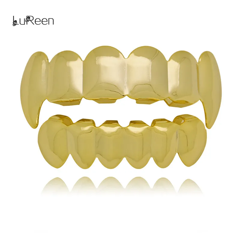 

LuReen Hip Hop Gold Teeth GrillzTop & Bottom Tooth Grills Dental Cosplay Vampire Teeth Caps Halloween Body Jewelry Party