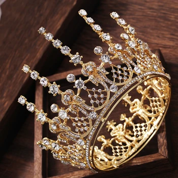 

Liga Nupcial Tiara Coroa Do Casamento Do Ouro Do Vintage Barroco de luxo Rainha Rei Coroa Cor de Ouro Coroa de Strass Tiara