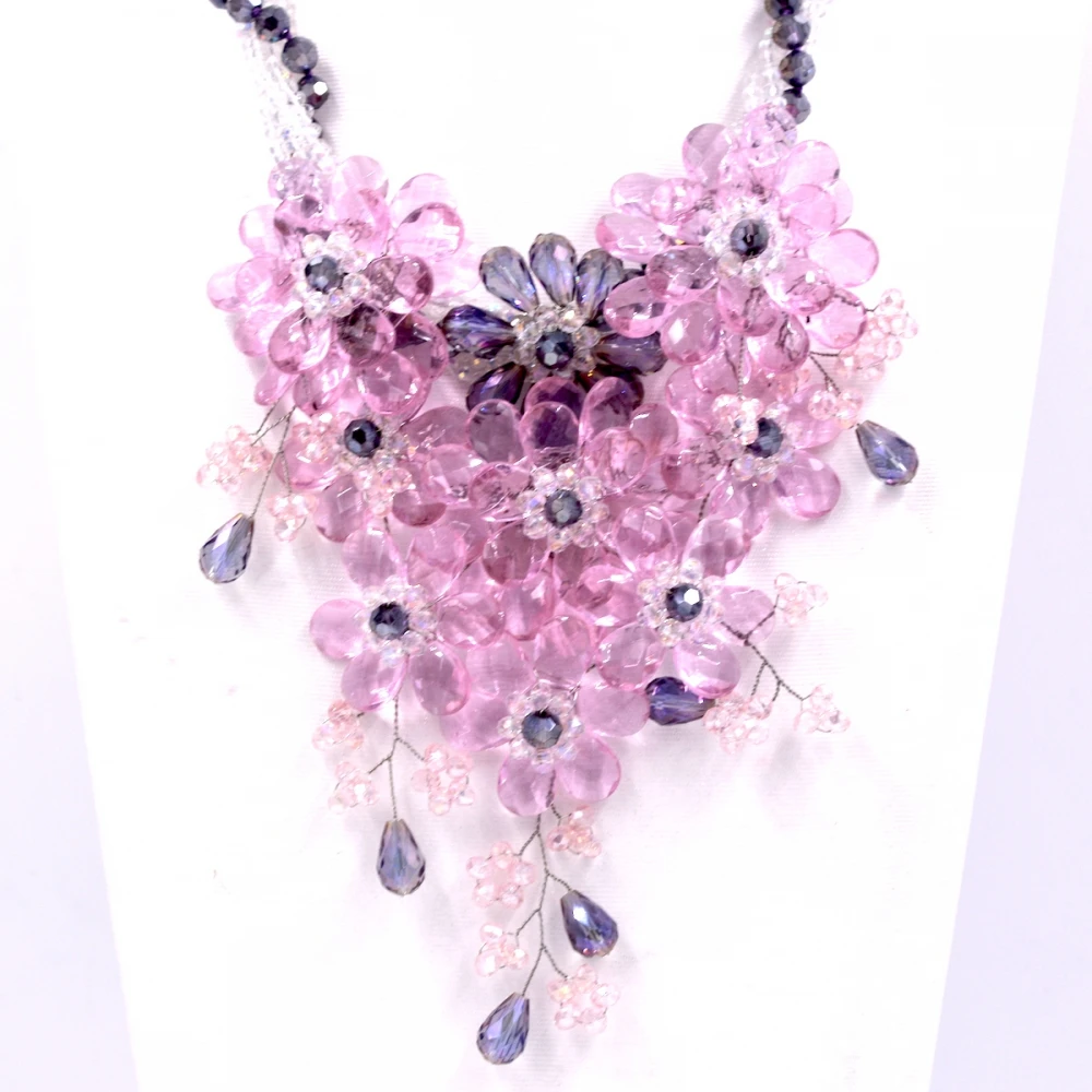 

2017 New Arrival Fashion Jewelry light Pink crystal and lilac crystal flower statements necklace women Hot selling