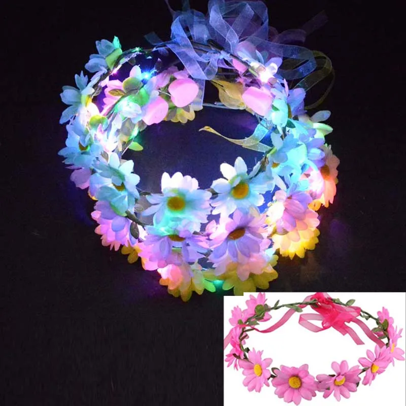 

LED Party Light Flashing Flower Headband Wreath Crown Flower Headwear Hair Band Women Girls Wedding Hair Accessories
