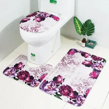 

3-Piece Set Memory Foam Flower Printing Bathroom Rug Mat Soft Non-Slip Absorbent Carpet for Toilet Tub Shower and Bath Room