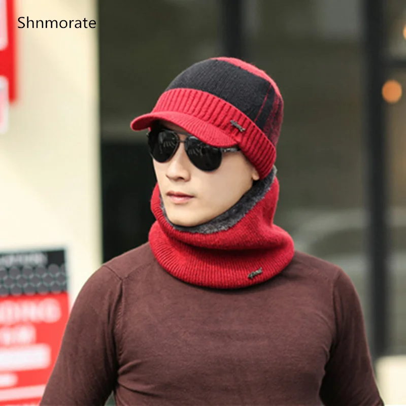 

Winter Knit Beanies Men's Hats With Brim Scarf For Men Gentle Beanie Boy Skullies Caps Bonnet Snapback Warm Hat Neck Warmer