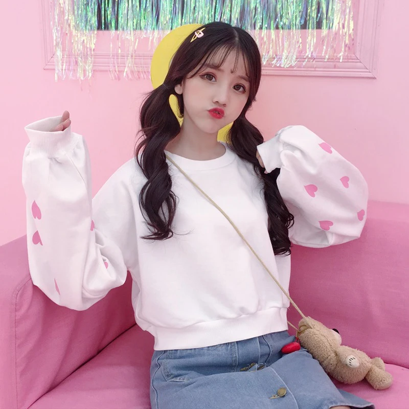 

Autumn New Sweatshirt Women's Korean Version Of The Fresh Student Loose Thin Lap Top Short Love Print Sweatshirts Blouse