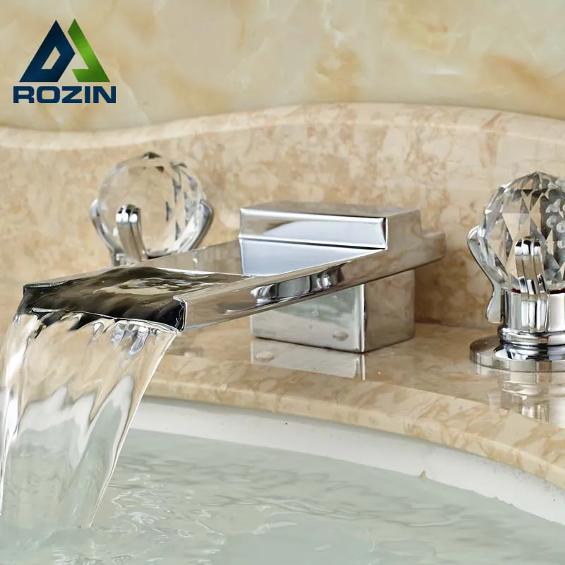 

2016 New Chrome Finish Basin Widespread Faucet Dual Handle Crystal with Hot and Cold Water Mixer Taps
