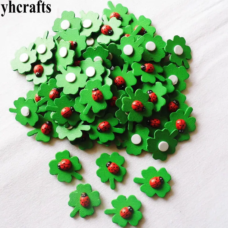 

500PCS/LOT,Wholesale Ladybug on clover wood stickers Easter crafts Garden Plant decoration Kindergarten DIY toys Wall stickers