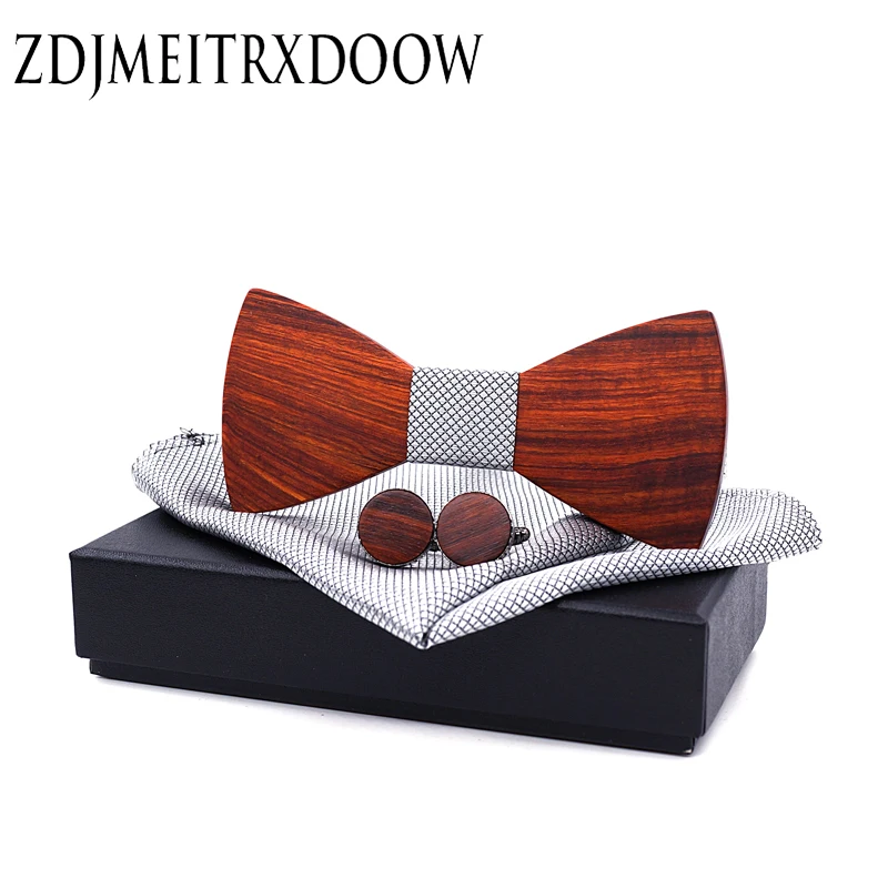 Wooden Bow Tie Cufflinks Set Fashion Wedding Wood Men's Bowtie Necktie 7 Styles 