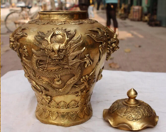 

huij 007018 12" Marked Chinese Bronze 8 auspicious symbol Dragon Lion Vase Bowl Pot Statue