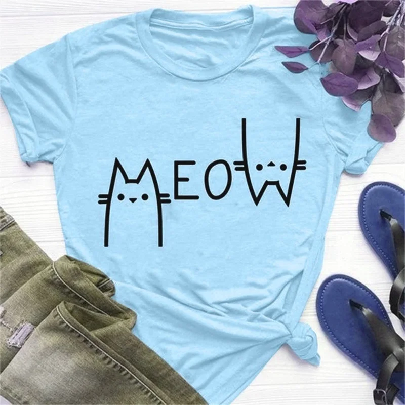 Милая женская футболка, хлопок, принт с котом, круглый вырез, Повседневная футболка, модная футболка с коротким рукавом, футболка унисекс, 4 цвета