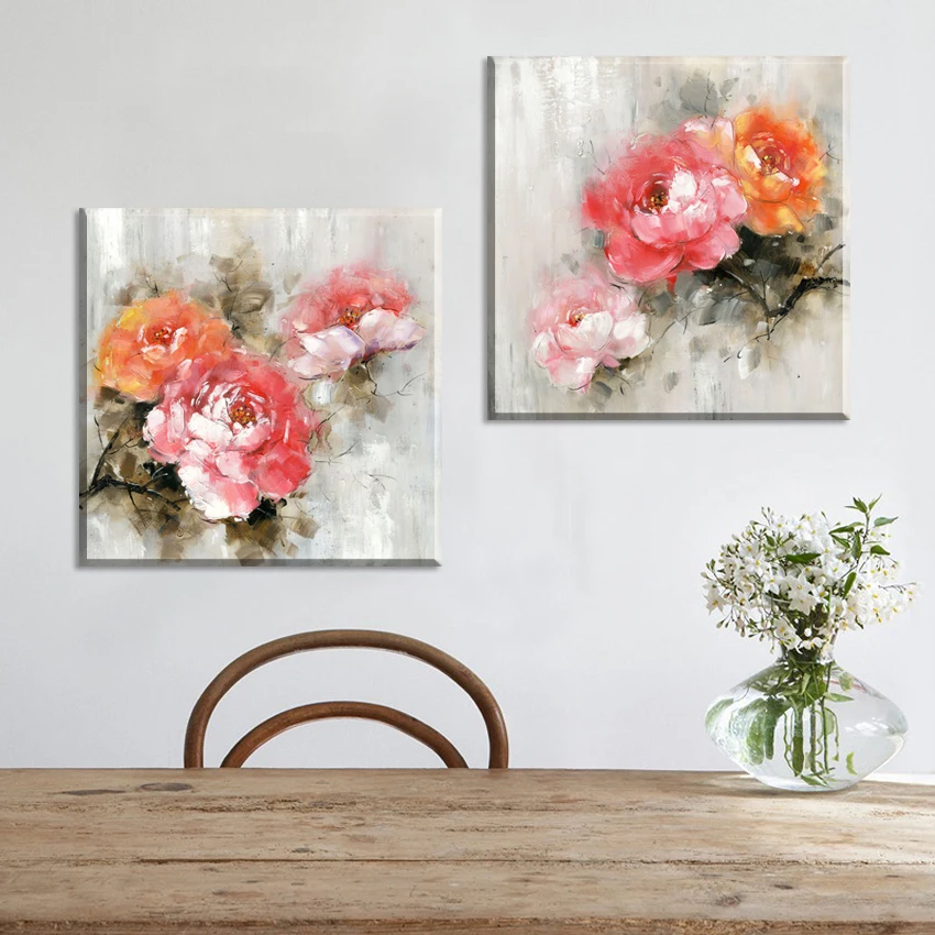 

2 Piece watercolour pink yellow peonies oil painting Home Decor Wall Painting Paintings for living room