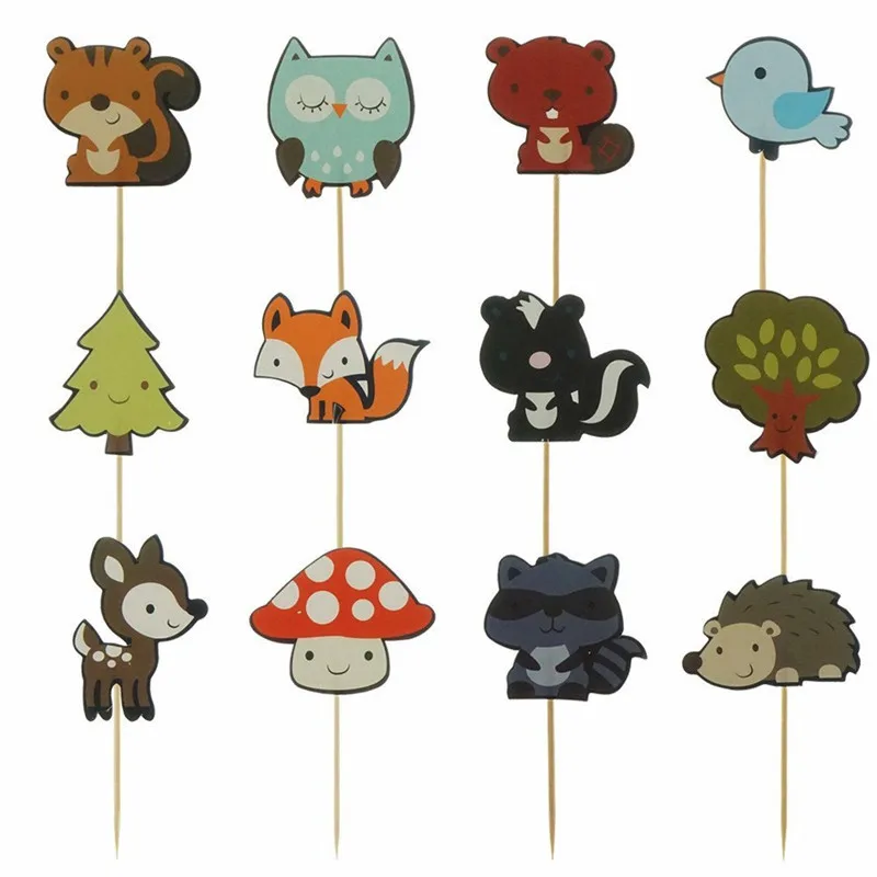 

12pcs Forest Animal Cupcake Topper Fox Owl Birds Happy Birthday Cake Topper For Baby Shower Kids Birthday Party Cake Decorations