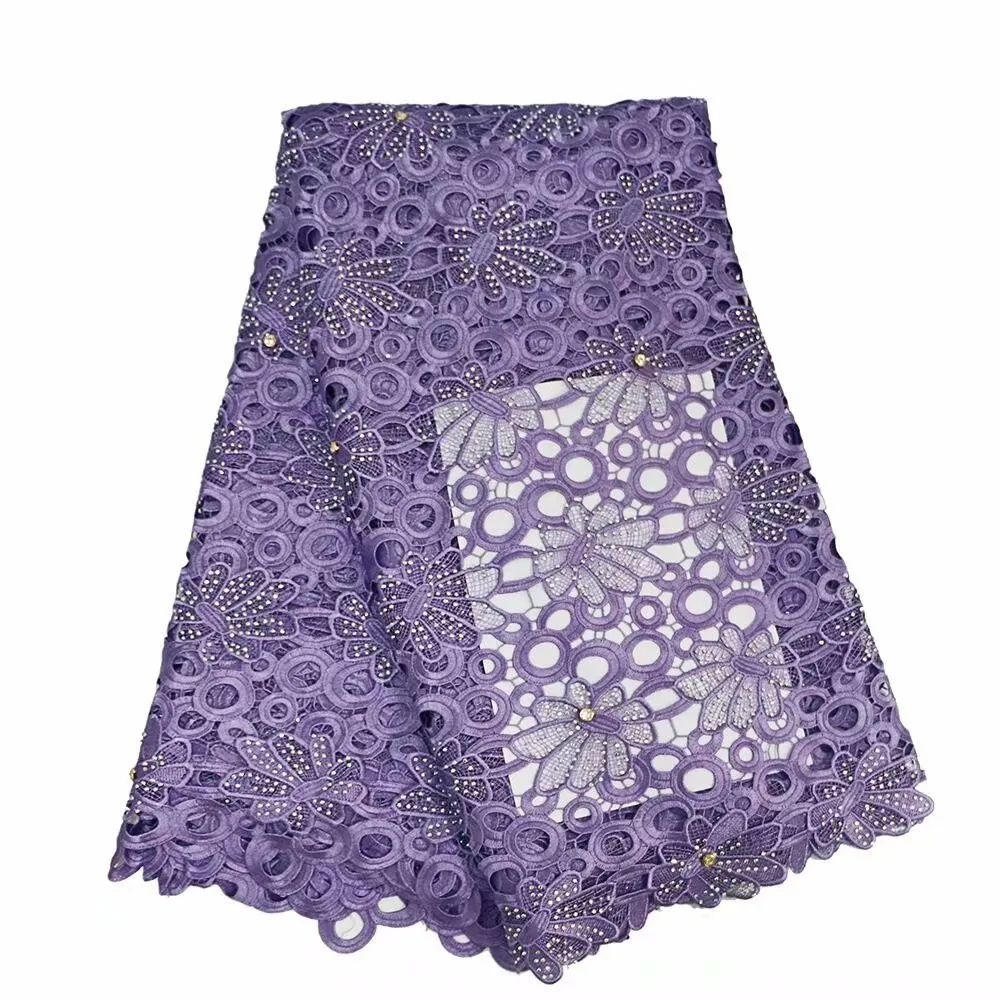 

Plain Purple African Embroidery Nigeria Wedding Guipure Cord Lace Fabric With Stones X460-2