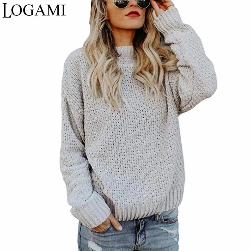 

LOGAMI Autumn Winter Woman Sweater Knitting Pullovers Long Sleeve Knit Sweater Women Ladies Jumpers Grey Black Pink