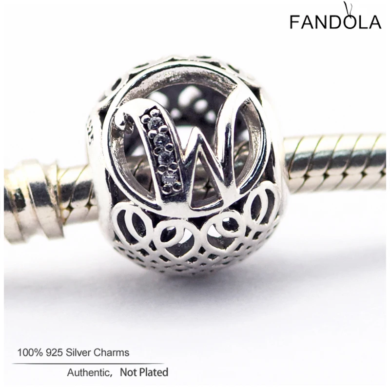 

Fits Original Charms Bracelets 925 Sterling Silver Clear CZ Letter Vintage W Alphabet Beads for Jewelry Making Berloque