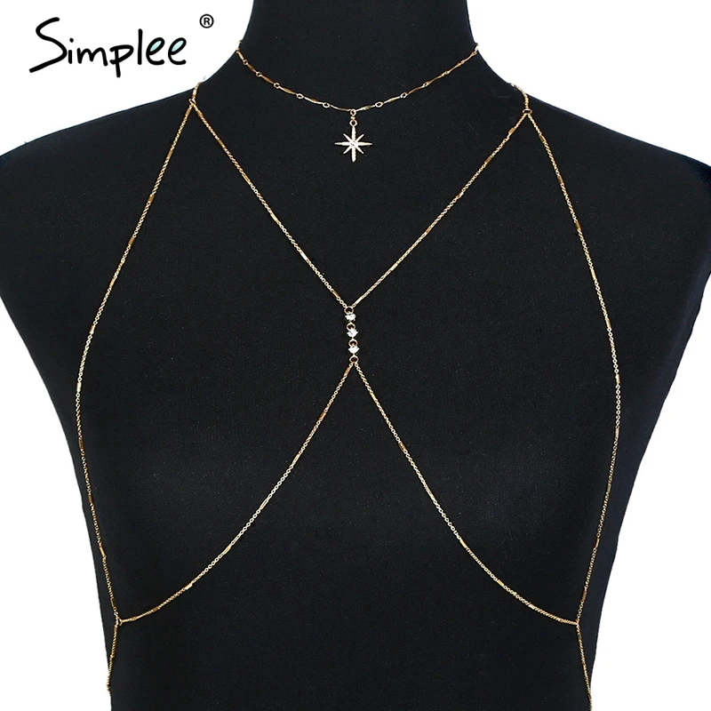 Simplee Rhinestone star body chain jewelry Multilayer shiny women beach