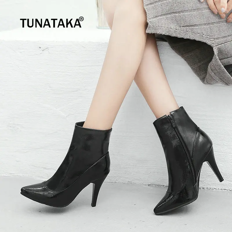 

Women Fashion Zipper Boots Pu Leather Thin High Heel Ankle Boots Pointed Toe Autumn Winter Woman Shoes Plus Size 2018 Boots