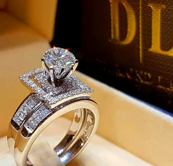 

Brand Cute Female Crystal White Round Ring Set Luxury Silver Color Engagement Ring Vintage Bridal Wedding Rings For Women