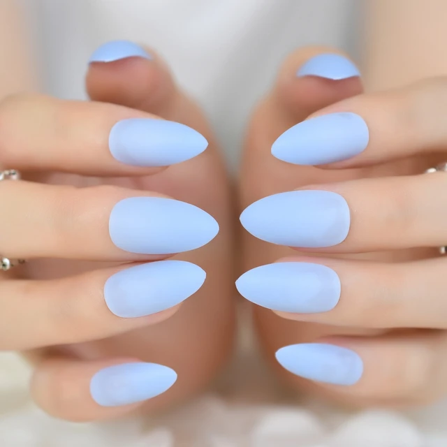 Almond Fake Artificial Acrylic Nail Tips Light Sky Blue Rough Surface Manicure Tip 24 False Nails Aliexpress