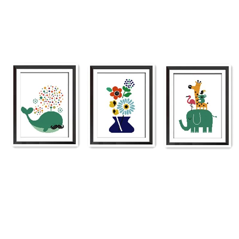 

Triptych small whale vase elephant and small animal print cross stitch kit simple modern good embroidery patterns