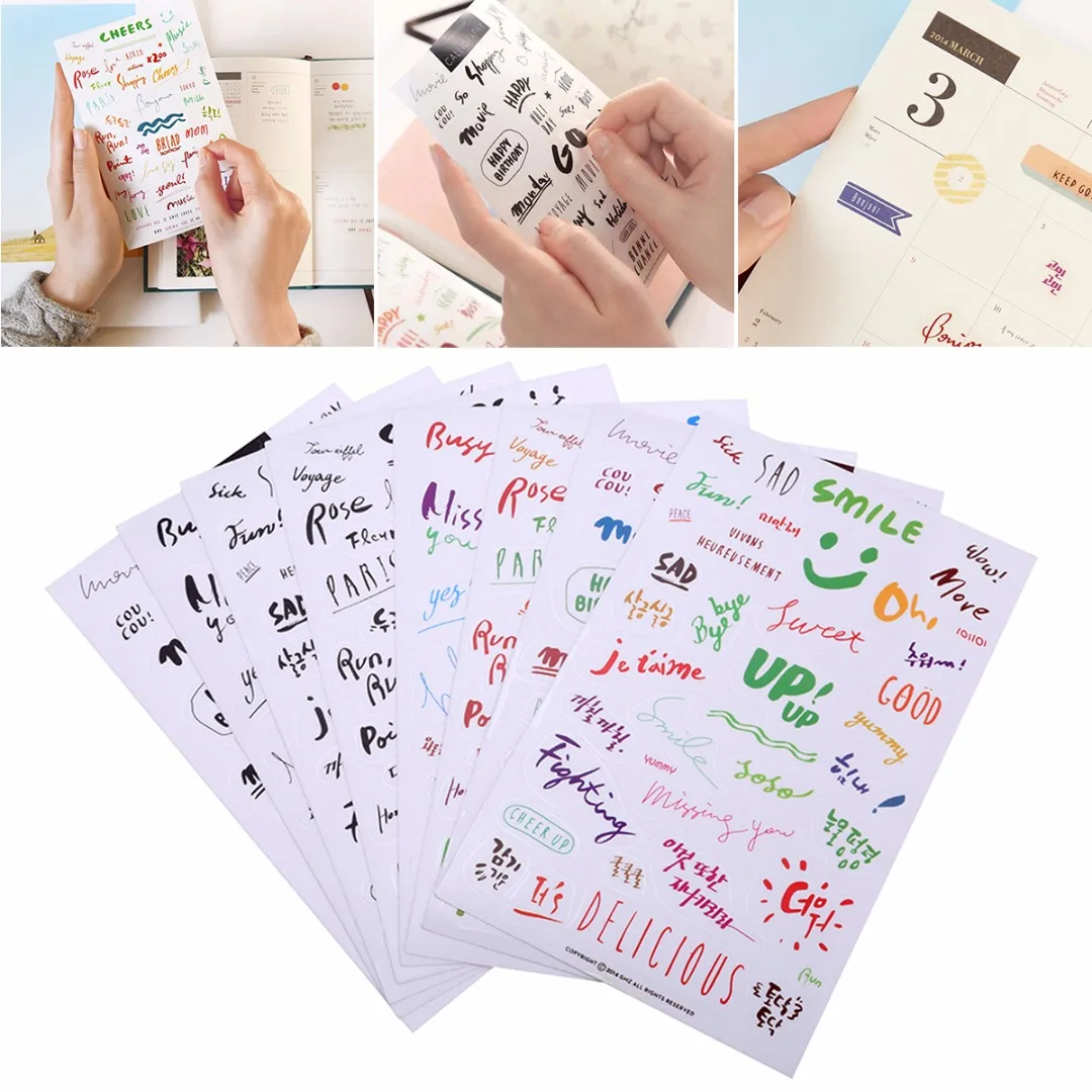 8 Sheets Word Paper Sticker Stylish Colorful Ornament  for Decorating Diary Notebook Mobile Phone Journal Album 160*100mm