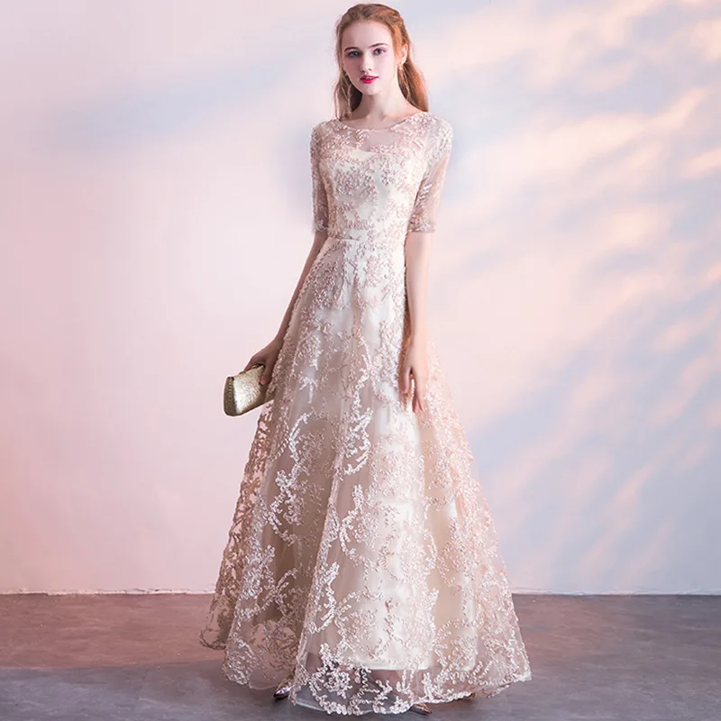 

Champagne A Line Party Formal Dress Vestidos De Festa 2019 Long Half Sleeve Evening Dress Elegant Prom Gown Robe De Soiree