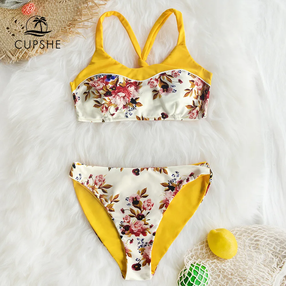 

CUPSHE Yellow Floral Print Bikini Sets With Reversible Bottom Swimsuit Two Pieces Swimwear Women 2019 Girls Beach Bathing Suits
