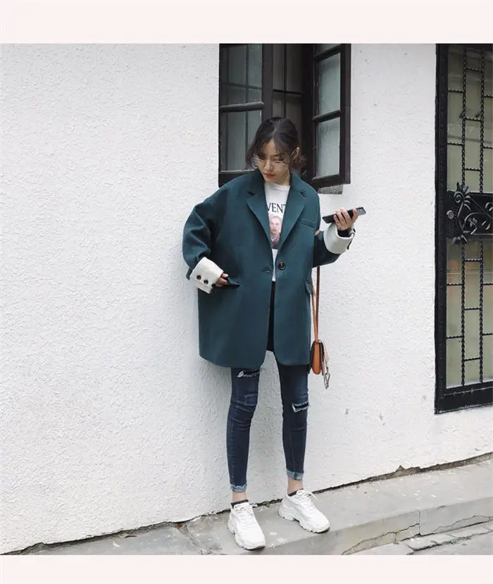 Casual Suit Jacket Femme Korean Casaco College Abrigos Mujer Invierno Fall Fashion Loose Retro Blazer Mujer Green Coatf1314