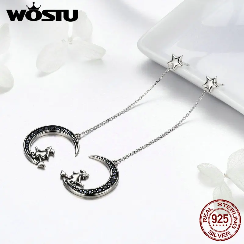 Женские серьги подвески WOSTU из стерлингового серебра 925 пробы с черной луной в