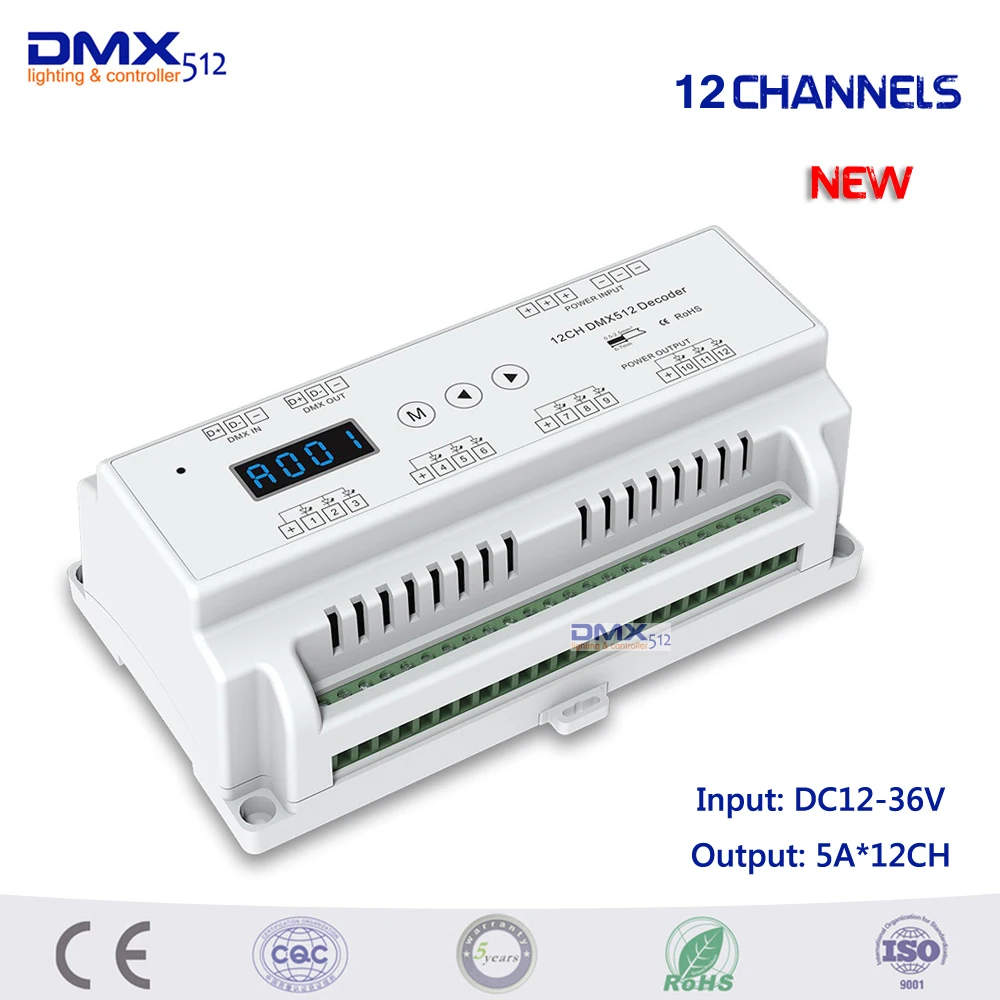 

Free shipping 12Channel Constant Voltage DMX512 Decoder;DC12-36V input;5A*12CH output with display for setting dmx address