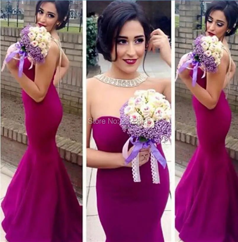 Fusia Mermaid Satin Bridesmiad Dresses 2017 Sexy Jewel Neckline Off Shoulder Bridalmaid  Gowns Arabic Vestido De Festa