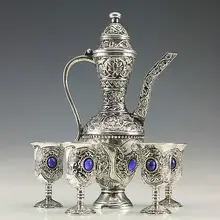 Old Handwork Miao Silver Carved Flower Showily Wine Pot & Noble 4 Wine Cup silver art Decoration 100% real Tibetan Silver Brass