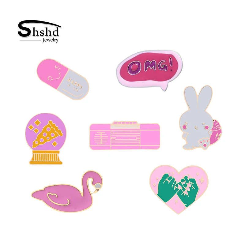 

Cartoon Pink Enamel Pins Rabbit Pill Radio Swan Heart Radio Brooch Women Lapel Pin Button Badge Creative Girl Collection Jewelry