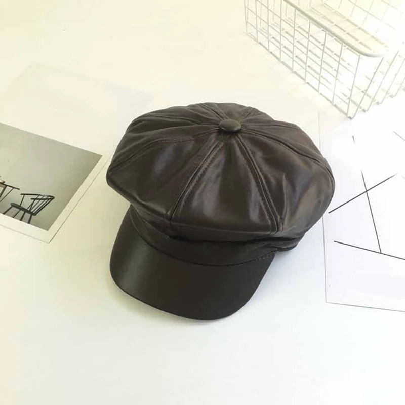 TEROKK 1 шт., одноцветная восьмиугольная кепка из искусственной кожи, модные осенне-зимние шапки для мужчин и женщин, повседневные винтажные шапки, аксессуары, 3 цвета
